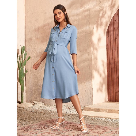 Maternity Roll Tab Sleeve Flap Pocket Belted button down shirt Dress light blue - Picture 1 of 5